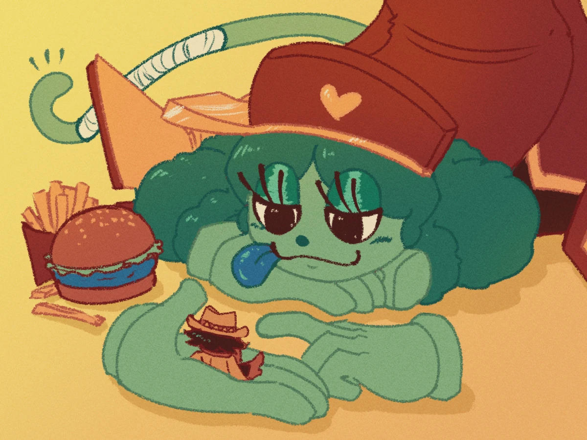 Digital drawing, fanart of Great God Grove. Inspekta is sitting on the floor, bent so that the head is resting all the way down on the floor in front of him, resting on a couple of hands. He's looking at the Godpoke sitting in a third hand's palm, a fourth one weakly pointing at them.